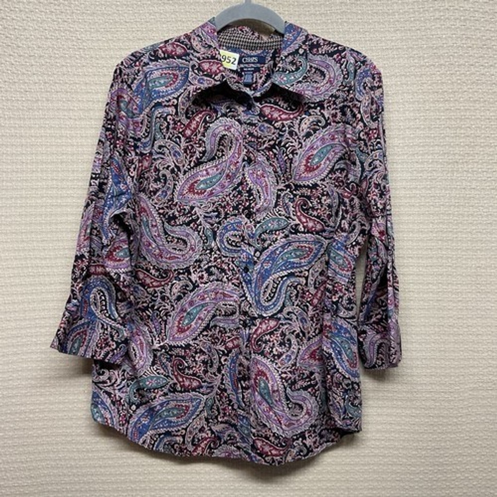Chaps Dark Paisley Flip Cuffs NoIron Heritage Button Up Shirt Women Plus Size 1X